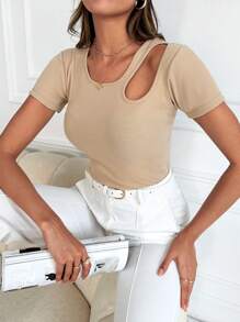 EURMUSE Cut Out Ribbed Knit Tee - Khaki - View 1