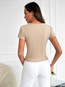 EURMUSE Cut Out Ribbed Knit Tee - Khaki - View 2