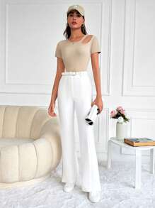 EURMUSE Cut Out Ribbed Knit Tee - Khaki - View 3