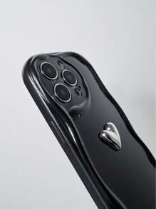 1pc Cute Silver Heart Decor Phone Cases Compatible With IPhone/Compatible With Redmi /Compatible With Galaxy/Compatible With OPPO - Black - View 3