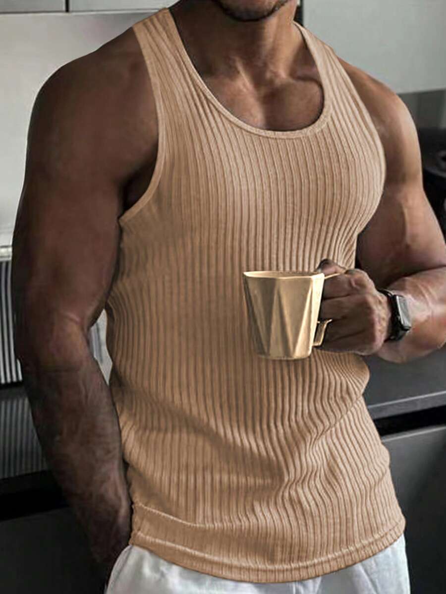 Manfinity Homme 男士素色背心上衣 - 卡其色 - 查看 1