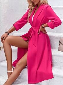 Solid Belted Open Front Belted Kimono - Hot Pink - View 1