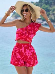 Breezaya Floral Print One Shoulder Ruffle Trim Top & Shorts - Multicolor - View 3