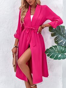 Solid Belted Open Front Belted Kimono - Hot Pink - View 3