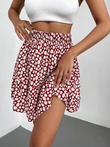 EURMUSE Allover Floral Print Ruffle Hem Skirt - Red - View 1