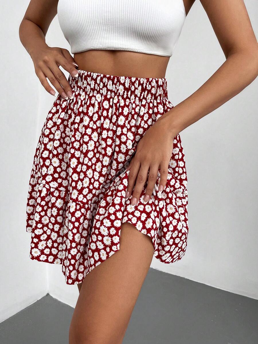 EURMUSE Allover Floral Print Ruffle Hem Skirt - Red - View 1