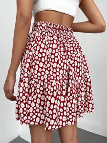 EURMUSE Allover Floral Print Ruffle Hem Skirt - Red - View 2