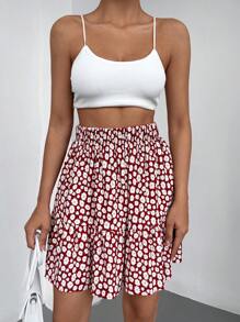 EURMUSE Allover Floral Print Ruffle Hem Skirt - Red - View 3