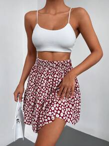 EURMUSE Allover Floral Print Ruffle Hem Skirt - Red - View 5