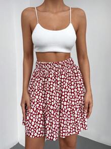 EURMUSE Allover Floral Print Ruffle Hem Skirt - Red - View 6