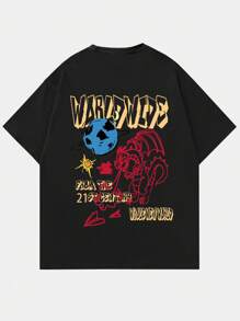 ROMWE MEN Guys Letter & Cartoon Graphic Tee - Black - View 1