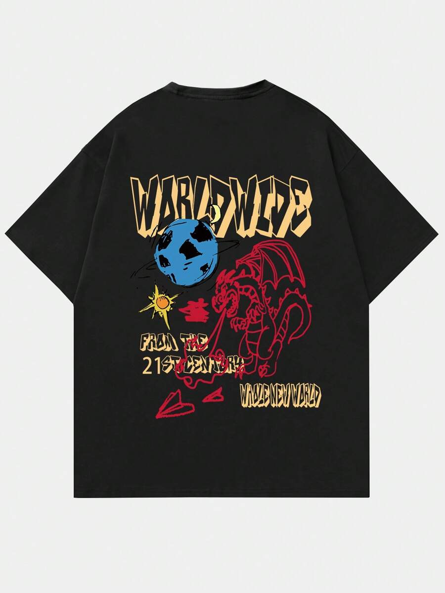 ROMWE MEN Guys Letter & Cartoon Graphic Tee - Black - View 1