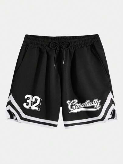 Prep Men Letter Graphic Striped Trim Drawstring Waist Shorts