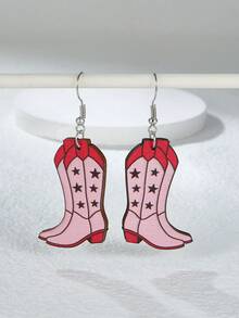 1對時尚木頭西部牛仔風格靴子印花耳墜適合女士 - 粉色 - 查看 2