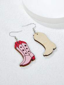 1對時尚木頭西部牛仔風格靴子印花耳墜適合女士 - 粉色 - 查看 3