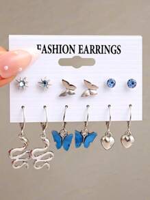 11對/套女士時尚心和蛇和蝴蝶和太陽亞克力水鑽耳釘和耳墜套裝適合派對