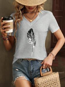 SHEIN LUNE 羽毛印花V領T恤 - 灰色 - 查看 3