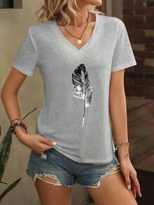 SHEIN LUNE 羽毛印花V領T恤 - 灰色 - 查看 4