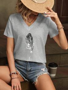 SHEIN LUNE 羽毛印花V領T恤 - 灰色 - 查看 5