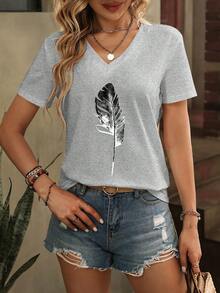 SHEIN LUNE 羽毛印花V領T恤 - 灰色 - 查看 6