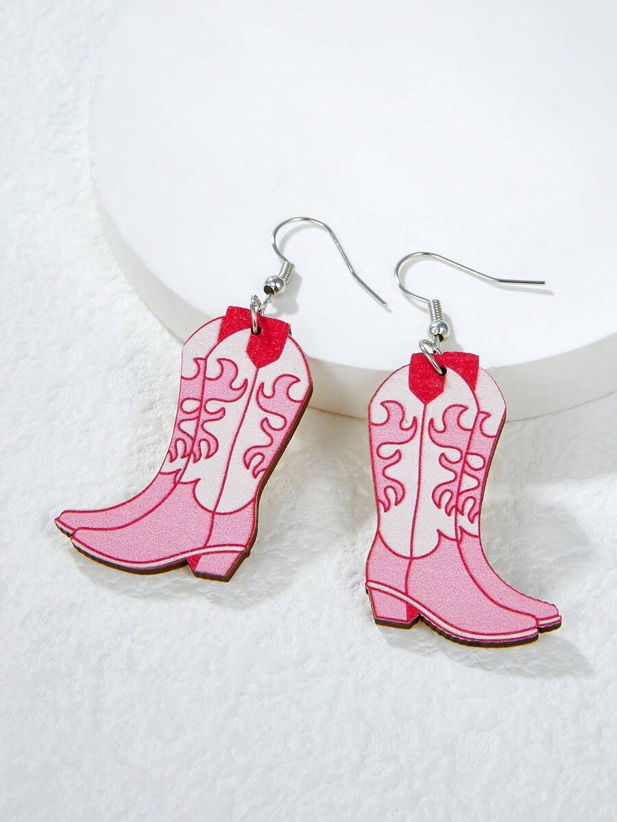 1 Cặp Bằng Gỗ Thời Trang Cao Bồi Miền Tây Phong Cách Giày Hình Bông Tai Giọt Dành Cho Nữ - Hồng - Xem 1