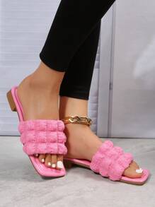 Xăng đan trượt thời trang cho nữ, Xăng đan đế bằng quai đơn có chi tiết xếp nếp - Hồng - Xem 1