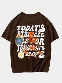 ROMWE MEN Street Life 男士骷髅口号图案 T 恤，适合万圣节、学校 - 咖啡棕 - 查看 1