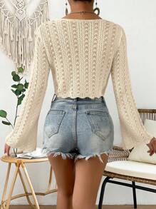 Breezaya 前繫帶喇叭袖貝殼邊短款開衫 - 杏色 - 查看 2