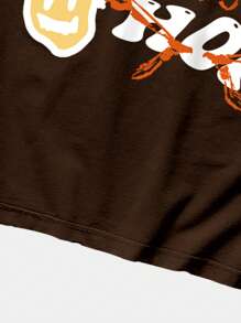 ROMWE MEN Street Life 男士骷髅口号图案 T 恤，适合万圣节、学校 - 咖啡棕 - 查看 6