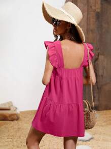 SHEIN VCAY Solid Ruffle Trim Smock Dress - Hot Pink - View 2