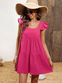 SHEIN VCAY Solid Ruffle Trim Smock Dress - Hot Pink - View 4