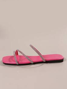 Women's Fashion Crystal Embellished Flat Slide Sandals, Versatile For Beach, Casual, Party, Business Commute - Hot Pink - View 4
