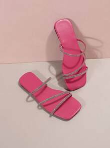 Women's Fashion Crystal Embellished Flat Slide Sandals, Versatile For Beach, Casual, Party, Business Commute - Hot Pink - View 7