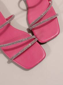 Women's Fashion Crystal Embellished Flat Slide Sandals, Versatile For Beach, Casual, Party, Business Commute - Hot Pink - View 8