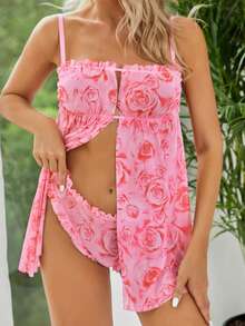 印花網紗吊帶睡裙附丁字褲 - 淺粉色 - 查看 5