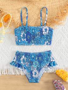 Young Girl Floral Print Smocked Ruffle Trim Bikini Set Summer Beach - Blue - View 1