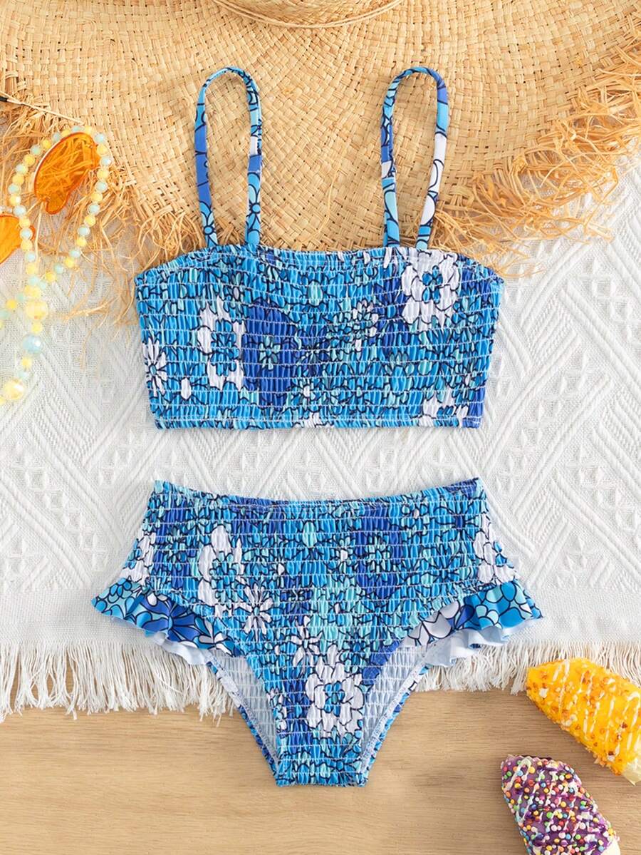 Young Girl Floral Print Smocked Ruffle Trim Bikini Set Summer Beach - Blue - View 1