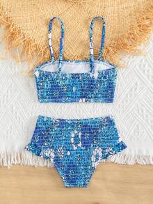 Young Girl Floral Print Smocked Ruffle Trim Bikini Set Summer Beach - Blue - View 2