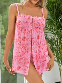 印花網紗吊帶睡裙附丁字褲 - 淺粉色 - 查看 1