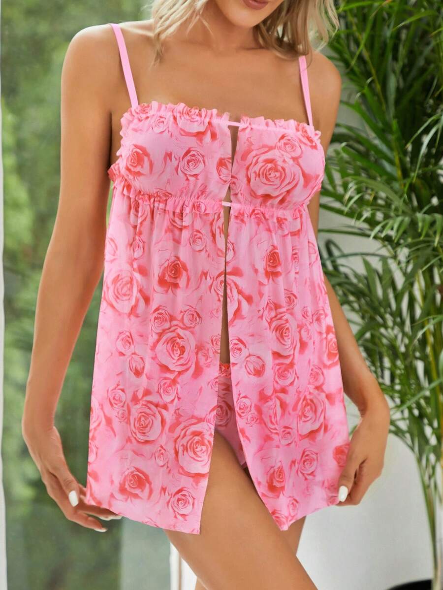 印花網紗吊帶睡裙附丁字褲 - 淺粉色 - 查看 1