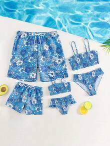 Young Girl Floral Print Smocked Ruffle Trim Bikini Set Summer Beach - Blue - View 3