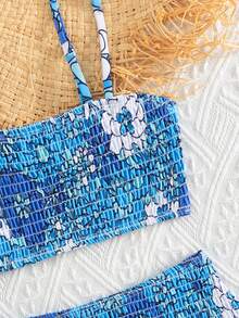 Young Girl Floral Print Smocked Ruffle Trim Bikini Set Summer Beach - Blue - View 4