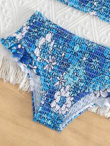Young Girl Floral Print Smocked Ruffle Trim Bikini Set Summer Beach - Blue - View 5