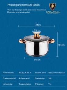 kaisa villa 五層加厚底部不鏽鋼湯鍋，配有不粘塗層，適用於電磁爐和燃氣爐，家用 - 金色 - 查看 4