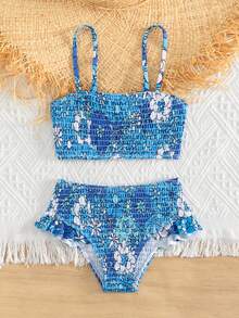 Young Girl Floral Print Smocked Ruffle Trim Bikini Set Summer Beach - Blue - View 6
