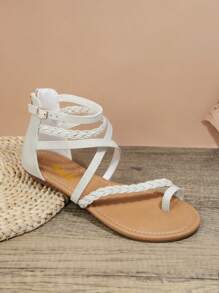 Braided PU Toe Ring Flat Sandals - White - View 2