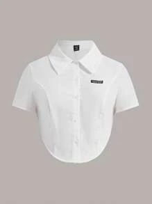 SHEIN EZwear 大碼字母補丁細節前紐扣短款襯衫 - 白色 - 查看 1