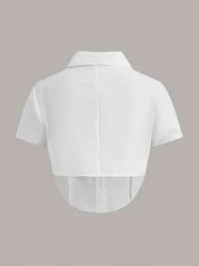 SHEIN EZwear 大碼字母補丁細節前紐扣短款襯衫 - 白色 - 查看 2