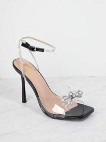 水鑽蝴蝶結透明魚嘴高跟鞋 - 黑色 - 查看 2