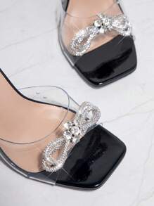 水鑽蝴蝶結透明魚嘴高跟鞋 - 黑色 - 查看 3